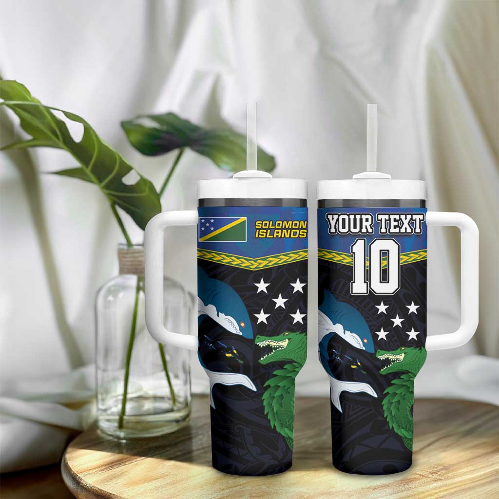Custom Solomon Islands Rugby Tumbler With Handle Arty Shark and Crocodile Solomon Islands National Emblems LT03 - Polynesian Pride