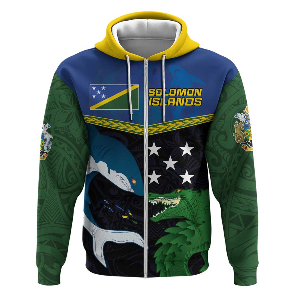 Custom Solomon Islands Rugby Zip Hoodie Arty Shark and Crocodile Solomon Islands National Emblems