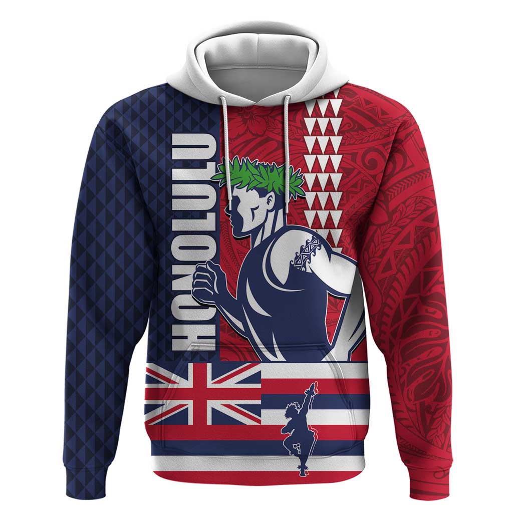 Honolulu Running 2024 Hoodie Marathon Competition Hula Runner and Kakau Art Tattoo LT03 Pullover Hoodie Blue - Polynesian Pride