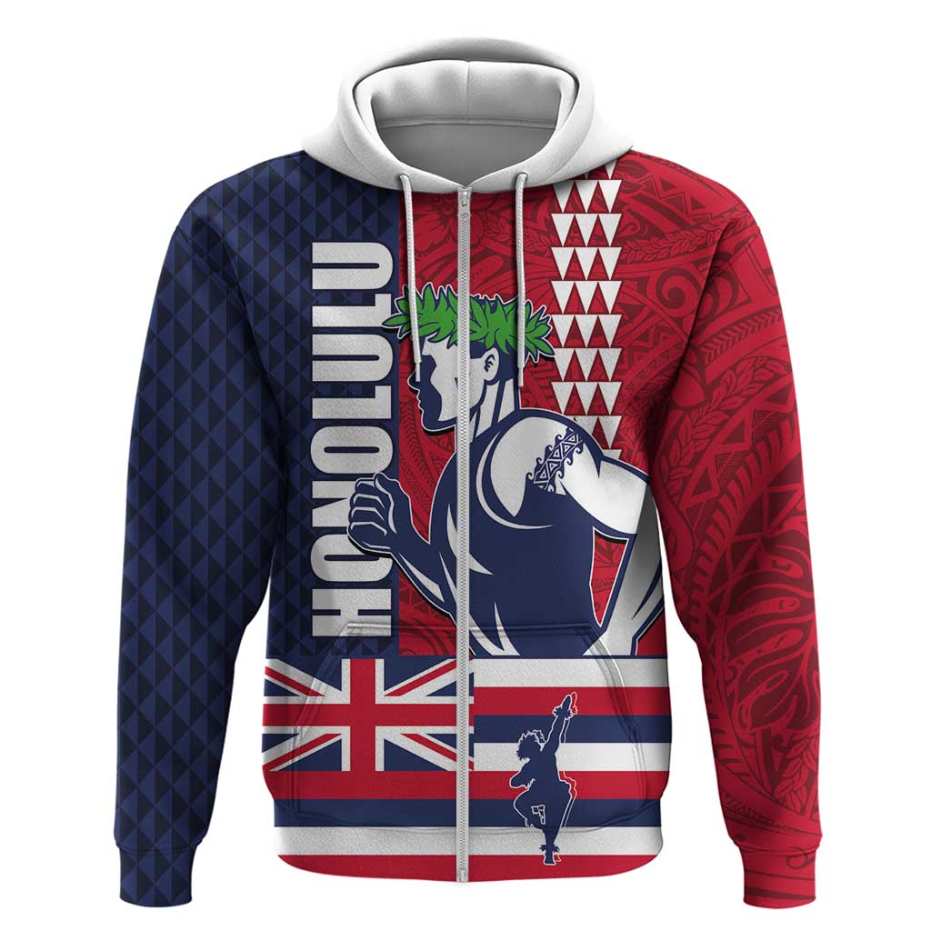 Honolulu Running 2024 Hoodie Marathon Competition Hula Runner and Kakau Art Tattoo LT03 Zip Hoodie Blue - Polynesian Pride