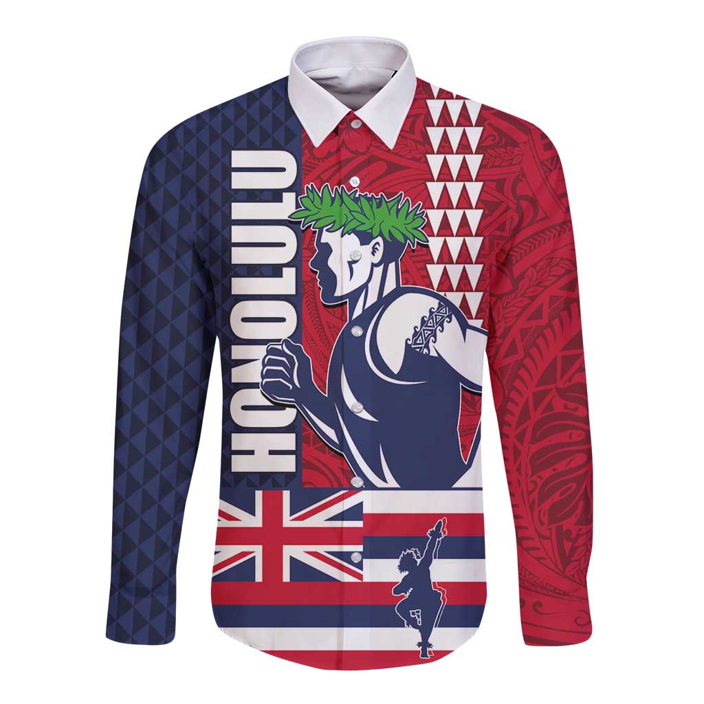 Honolulu Running 2024 Long Sleeve Button Shirt Marathon Competition Hula Runner and Kakau Art Tattoo LT03 Unisex Blue - Polynesian Pride