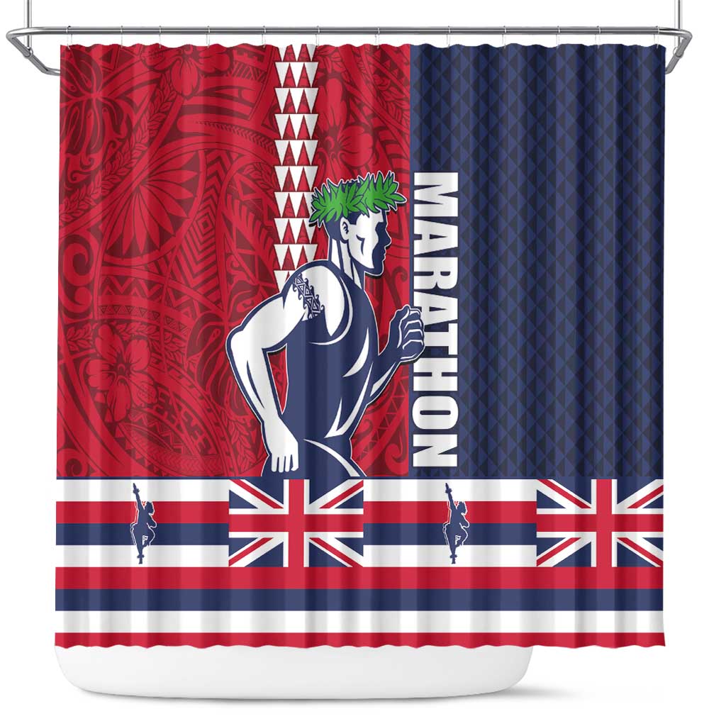 Honolulu Running 2024 Shower Curtain Marathon Competition Hula Runner and Kakau Art Tattoo LT03 Blue - Polynesian Pride