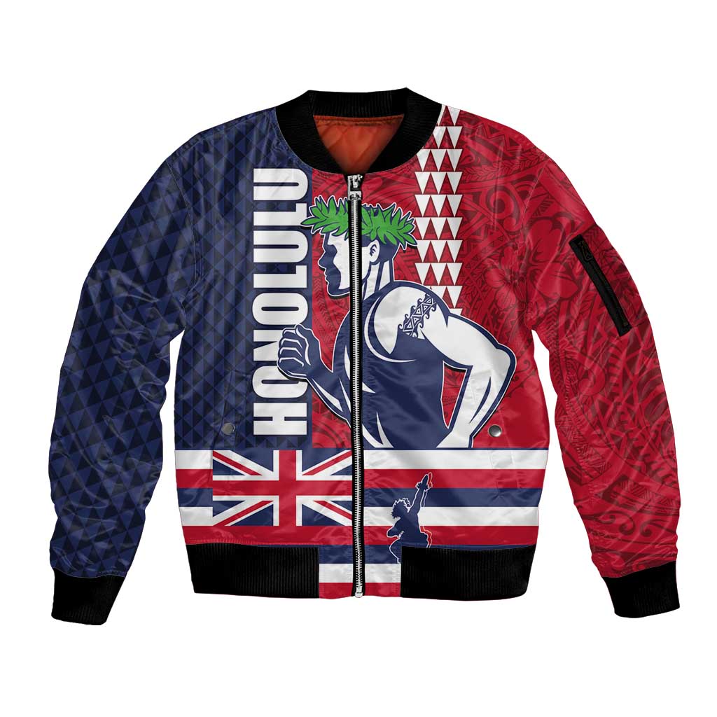 Honolulu Running 2024 Sleeve Zip Bomber Jacket Marathon Competition Hula Runner and Kakau Art Tattoo LT03 Unisex Blue - Polynesian Pride