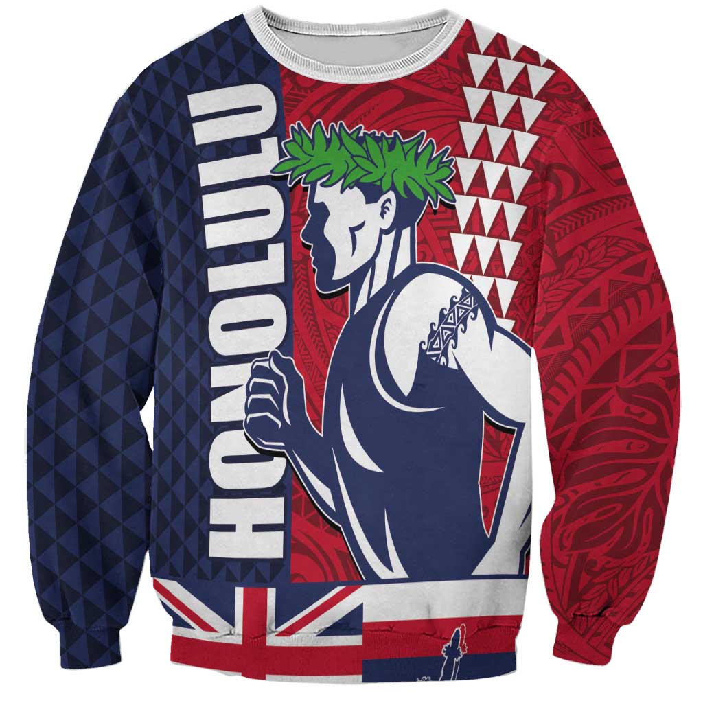 Honolulu Running 2024 Sweatshirt Marathon Competition Hula Runner and Kakau Art Tattoo LT03 Unisex Blue - Polynesian Pride