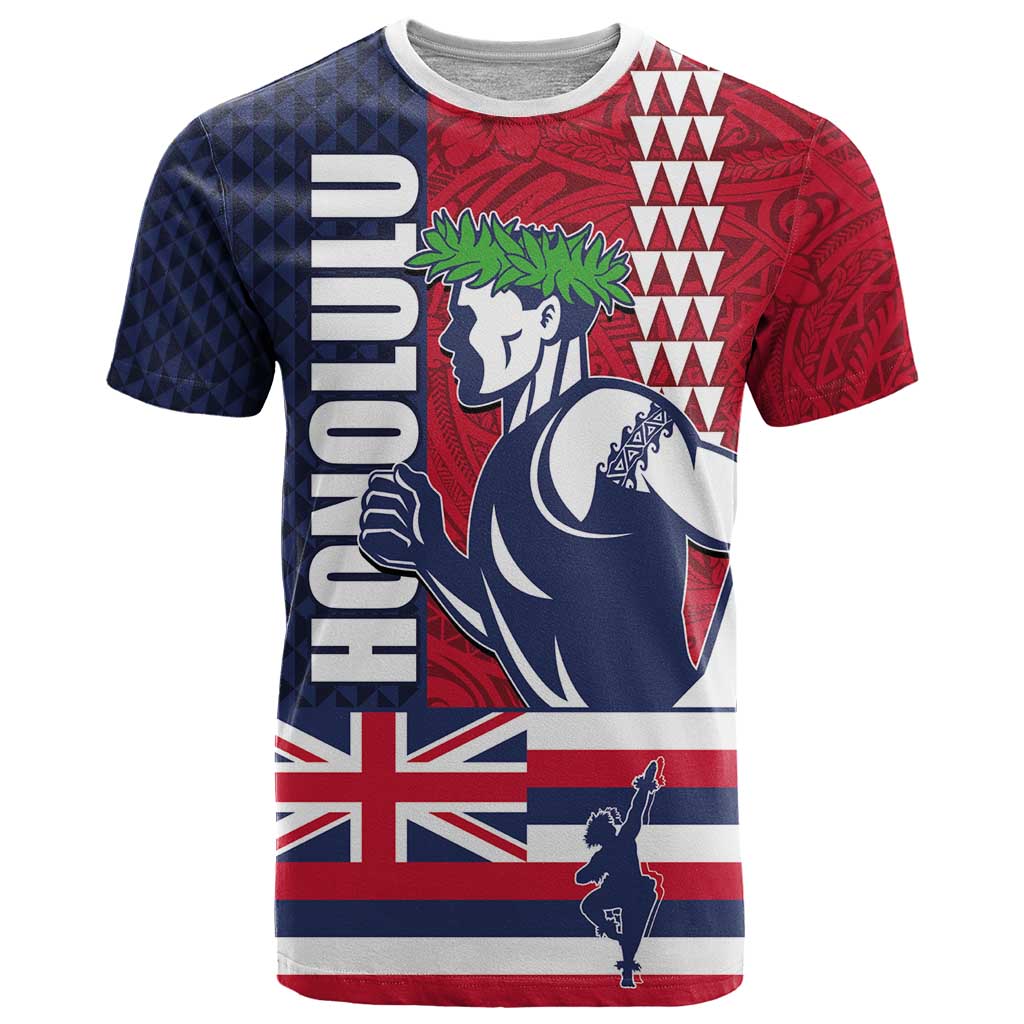 Honolulu Running 2024 T Shirt Marathon Competition Hula Runner and Kakau Art Tattoo LT03 Blue - Polynesian Pride