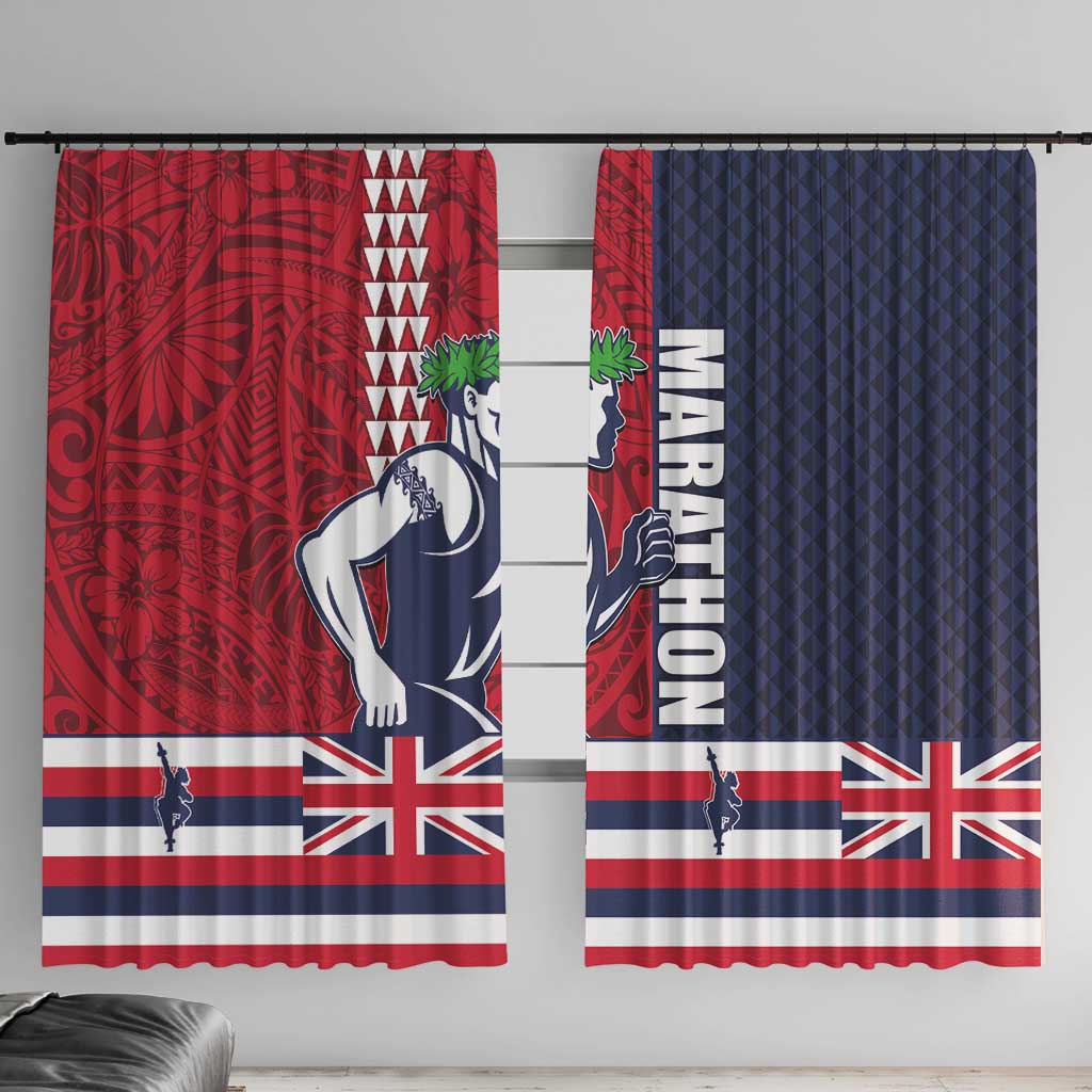 Honolulu Running 2024 Window Curtain Marathon Competition Hula Runner and Kakau Art Tattoo LT03 With Hooks Blue - Polynesian Pride