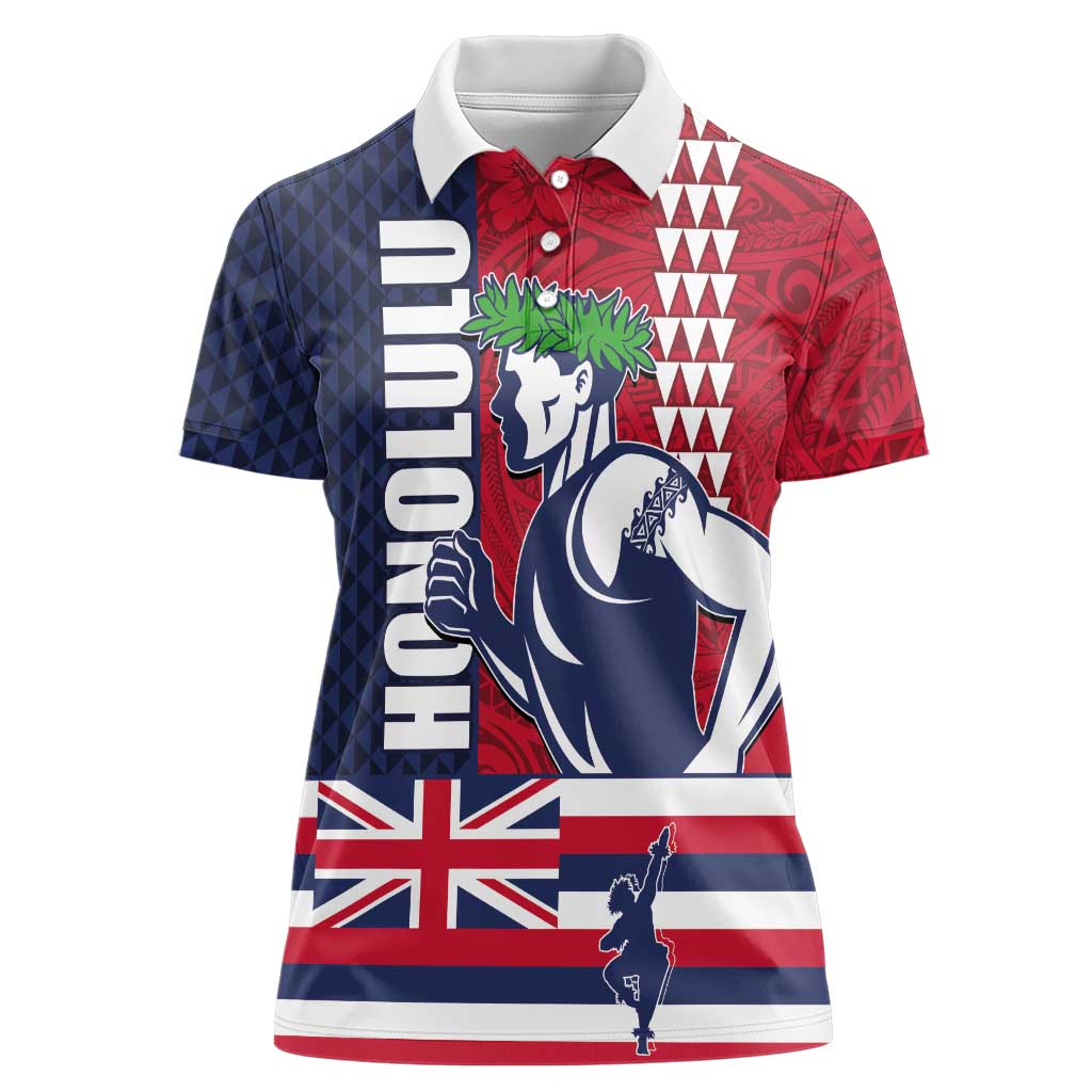 Honolulu Running 2024 Women Polo Shirt Marathon Competition Hula Runner and Kakau Art Tattoo LT03 Female Blue - Polynesian Pride