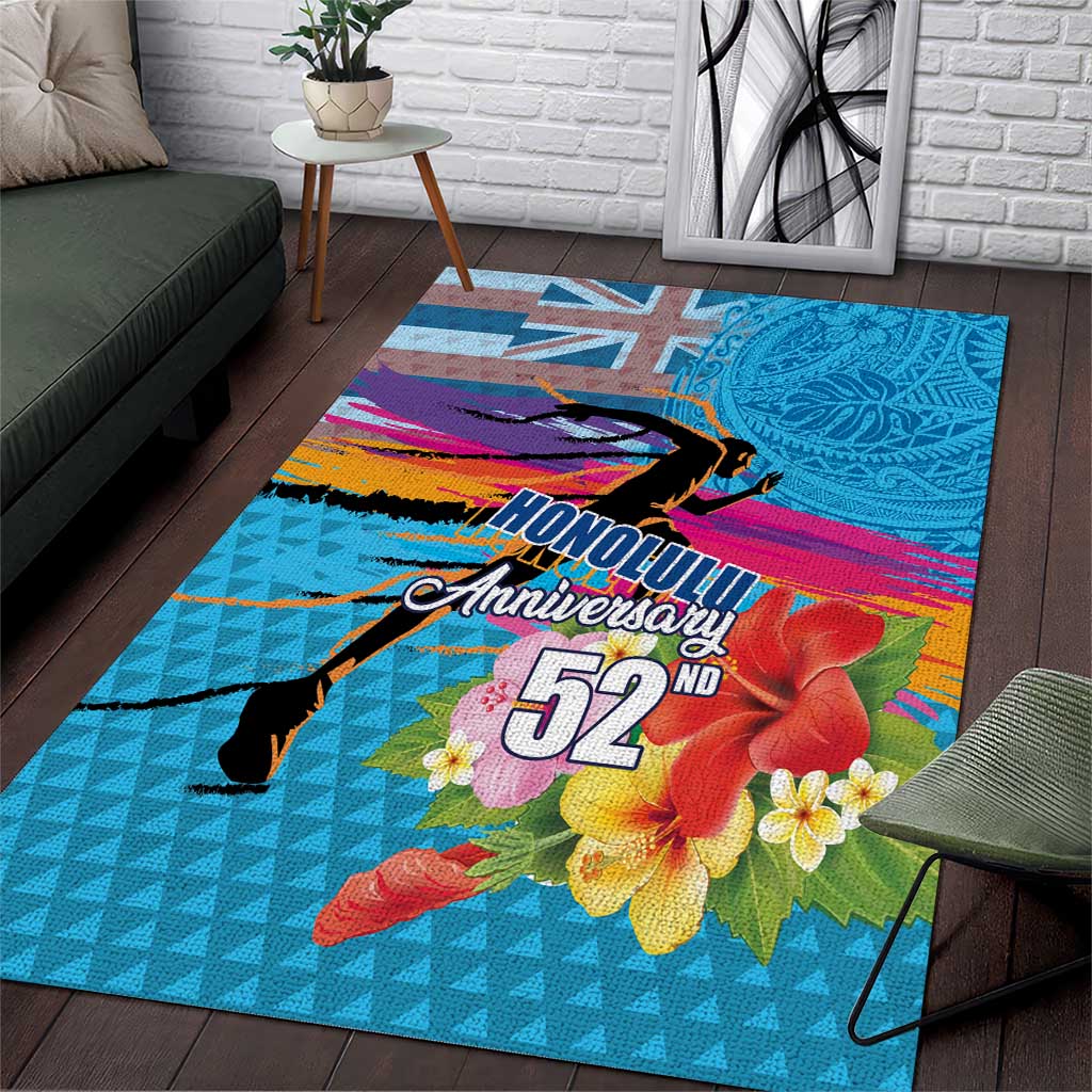 Honolulu Anniversary 52nd Running Area Rug Marathon Competition Kakau Pattern Blue Color