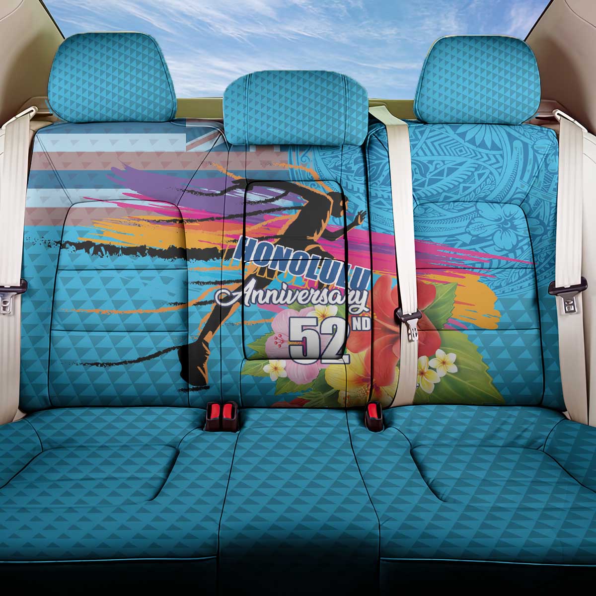 Honolulu Anniversary 52nd Running Back Car Seat Cover Marathon Competition Kakau Pattern Blue Color LT03 One Size Blue - Polynesian Pride