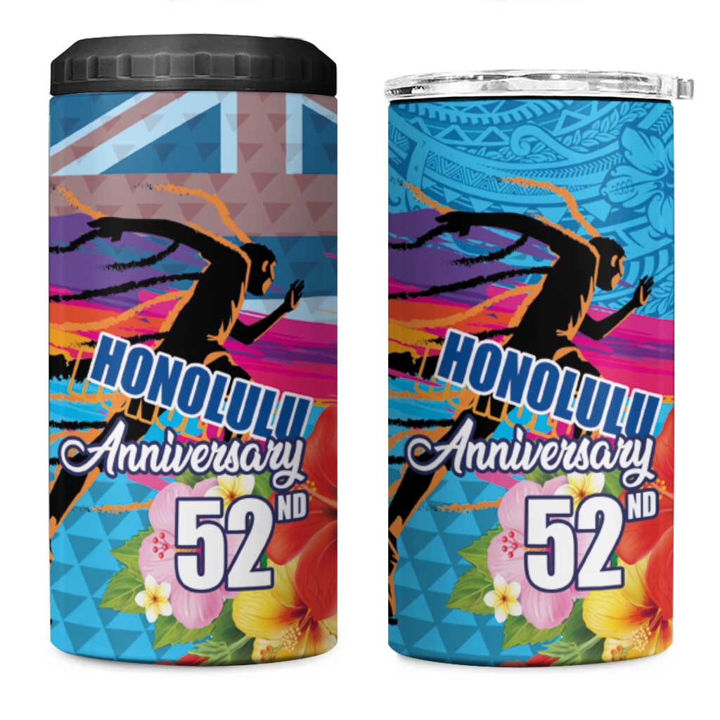 Honolulu Anniversary 52nd Running 4 in 1 Can Cooler Tumbler Marathon Competition Kakau Pattern Blue Color LT03 One Size: 16 oz Blue - Polynesian Pride