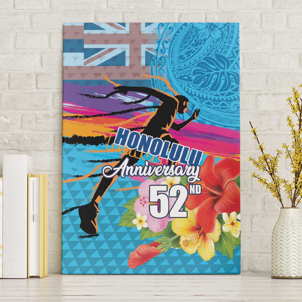 Honolulu Anniversary 52nd Running Canvas Wall Art Marathon Competition Kakau Pattern Blue Color LT03 Without Frame Blue - Polynesian Pride