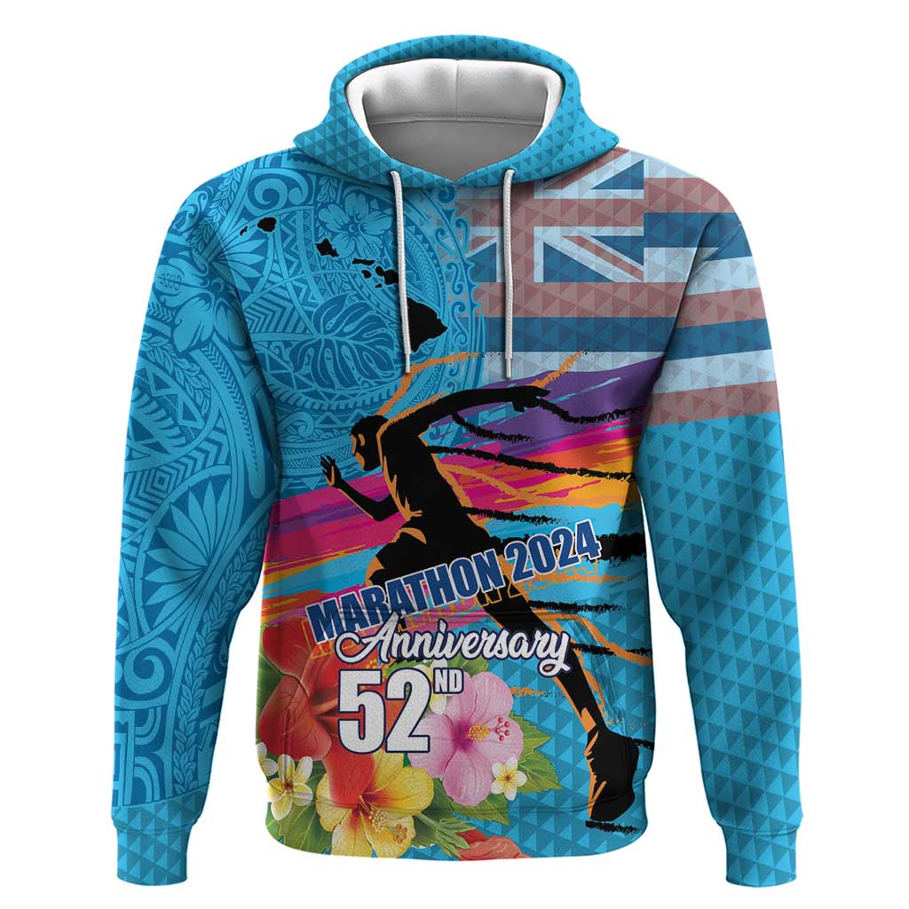 Honolulu Anniversary 52nd Running Hoodie Marathon Competition Kakau Pattern Blue Color