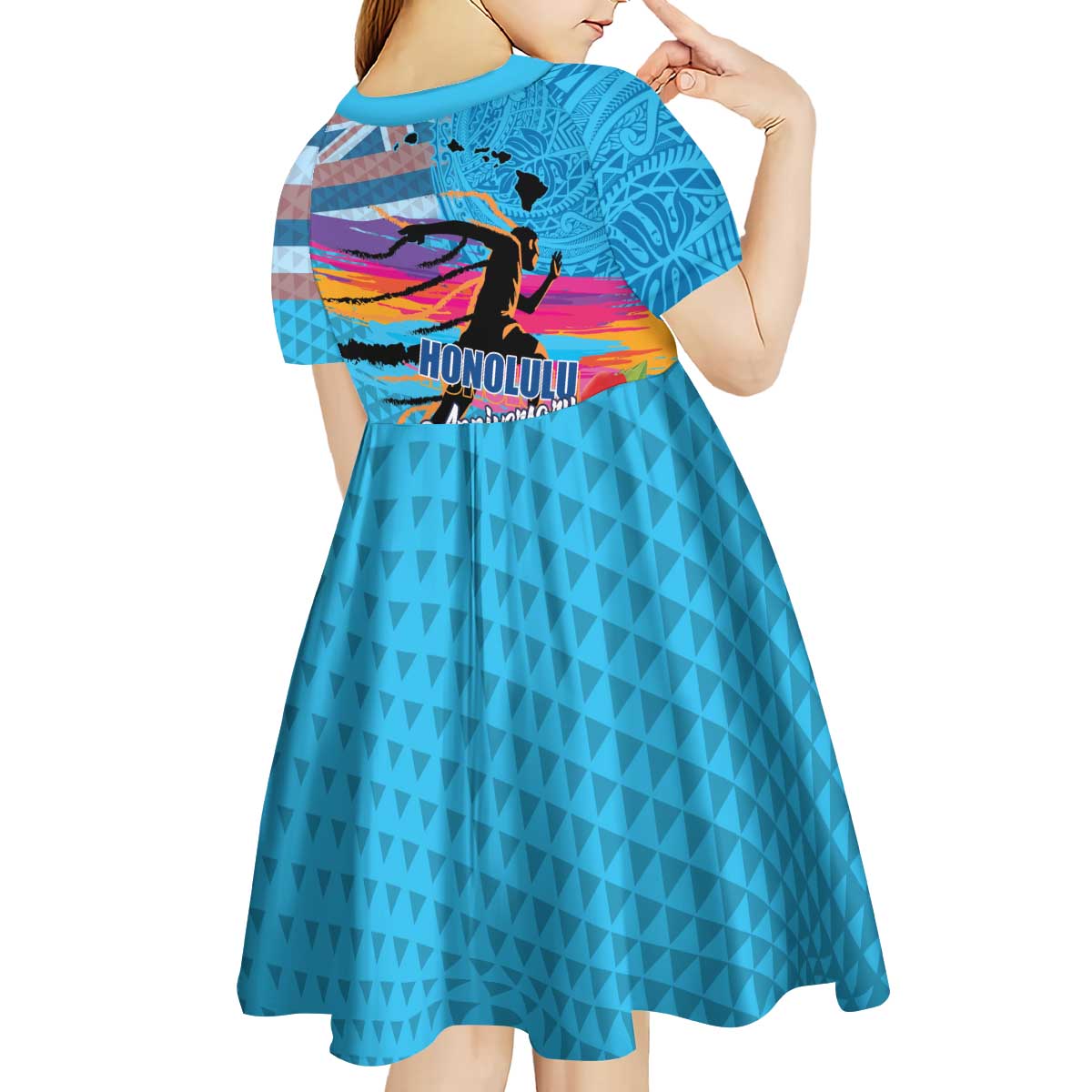 Honolulu Anniversary 52nd Running Kid Short Sleeve Dress Marathon Competition Kakau Pattern Blue Color LT03 - Polynesian Pride
