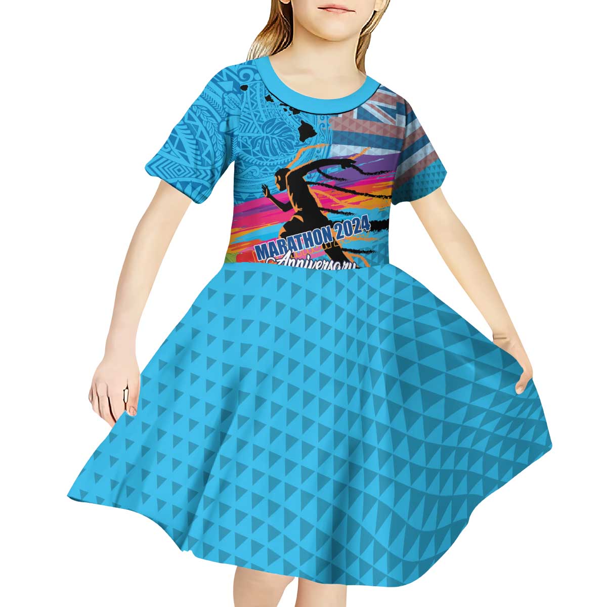 Honolulu Anniversary 52nd Running Kid Short Sleeve Dress Marathon Competition Kakau Pattern Blue Color LT03 - Polynesian Pride