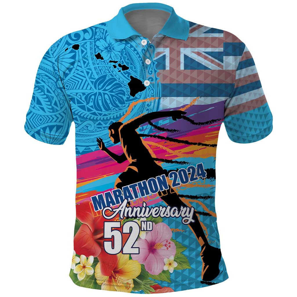 Honolulu Anniversary 52nd Running Polo Shirt Marathon Competition Kakau Pattern Blue Color LT03 Blue - Polynesian Pride