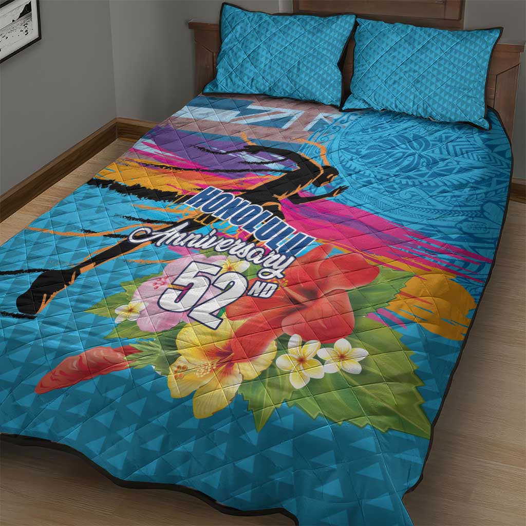 Honolulu Anniversary 52nd Running Quilt Bed Set Marathon Competition Kakau Pattern Blue Color LT03 - Polynesian Pride