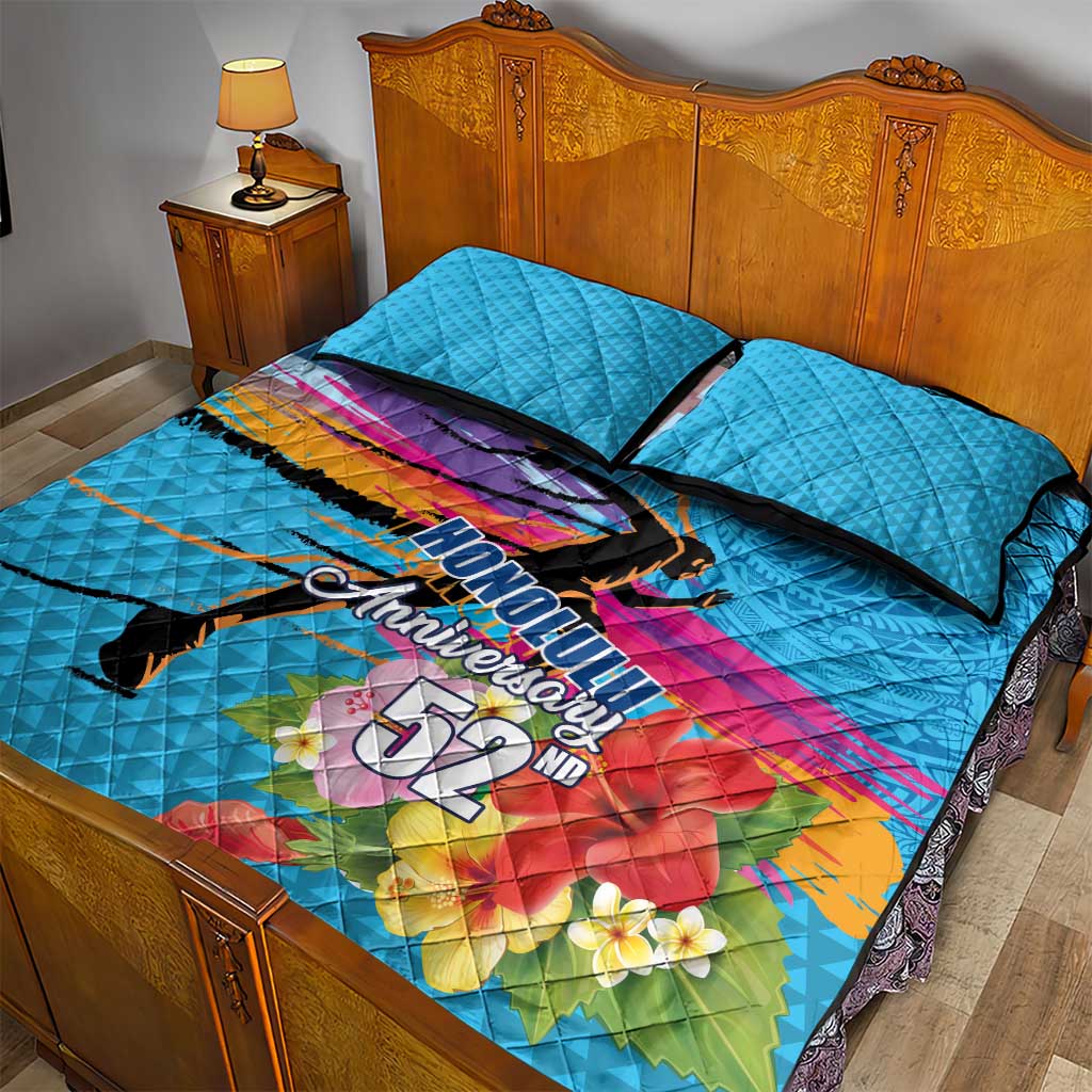 Honolulu Anniversary 52nd Running Quilt Bed Set Marathon Competition Kakau Pattern Blue Color LT03 - Polynesian Pride