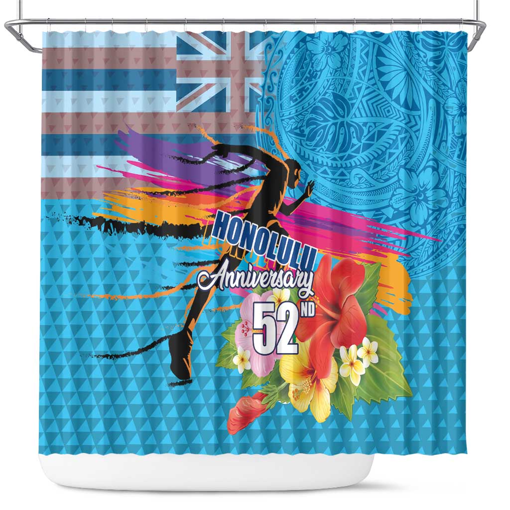 Honolulu Anniversary 52nd Running Shower Curtain Marathon Competition Kakau Pattern Blue Color LT03 Blue - Polynesian Pride