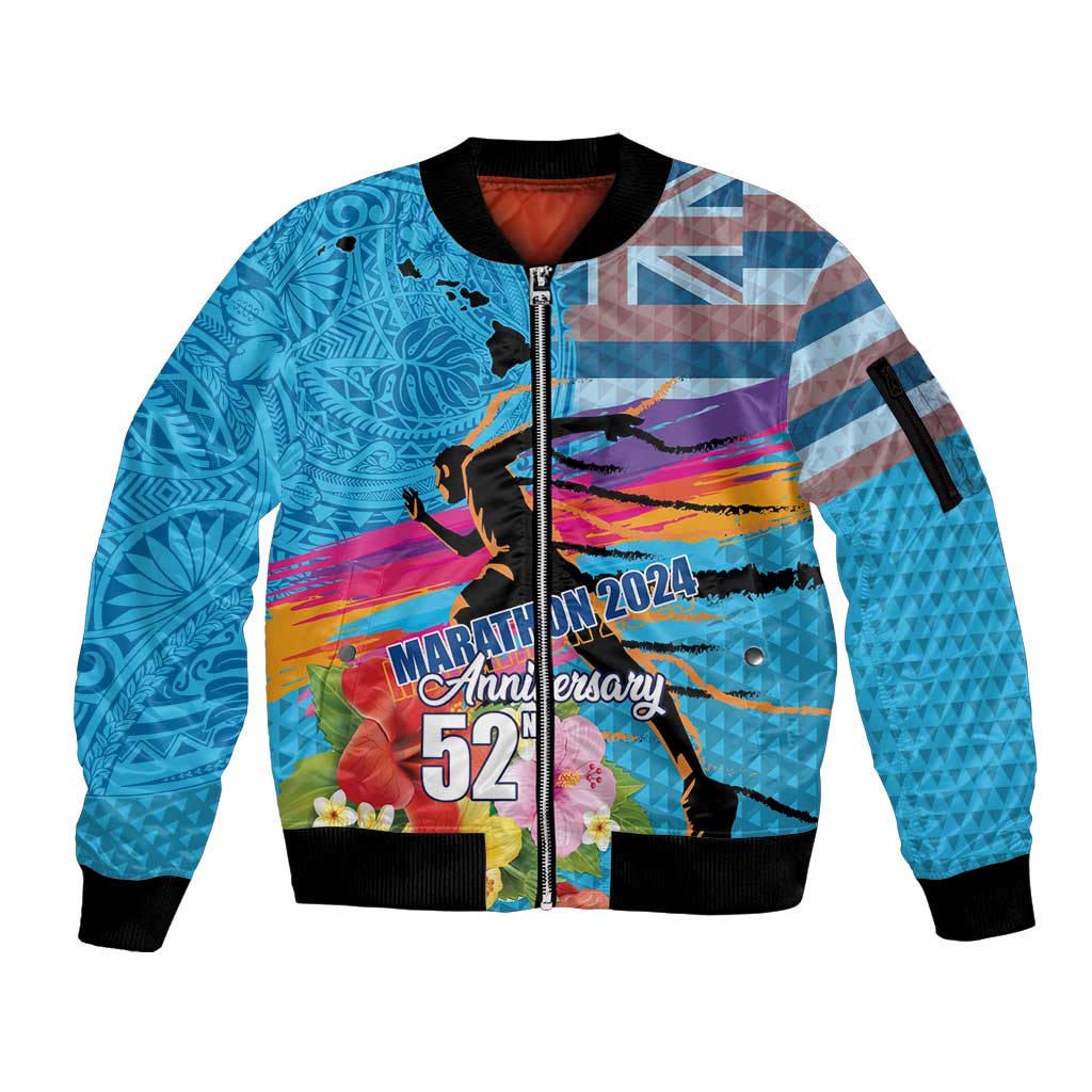 Honolulu Anniversary 52nd Running Sleeve Zip Bomber Jacket Marathon Competition Kakau Pattern Blue Color LT03 Unisex Blue - Polynesian Pride