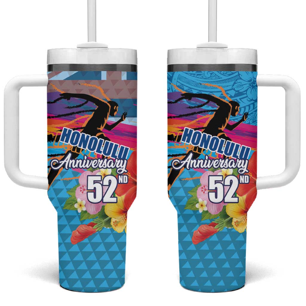 Honolulu Anniversary 52nd Running Tumbler With Handle Marathon Competition Kakau Pattern Blue Color LT03 One Size: 40 oz Blue - Polynesian Pride