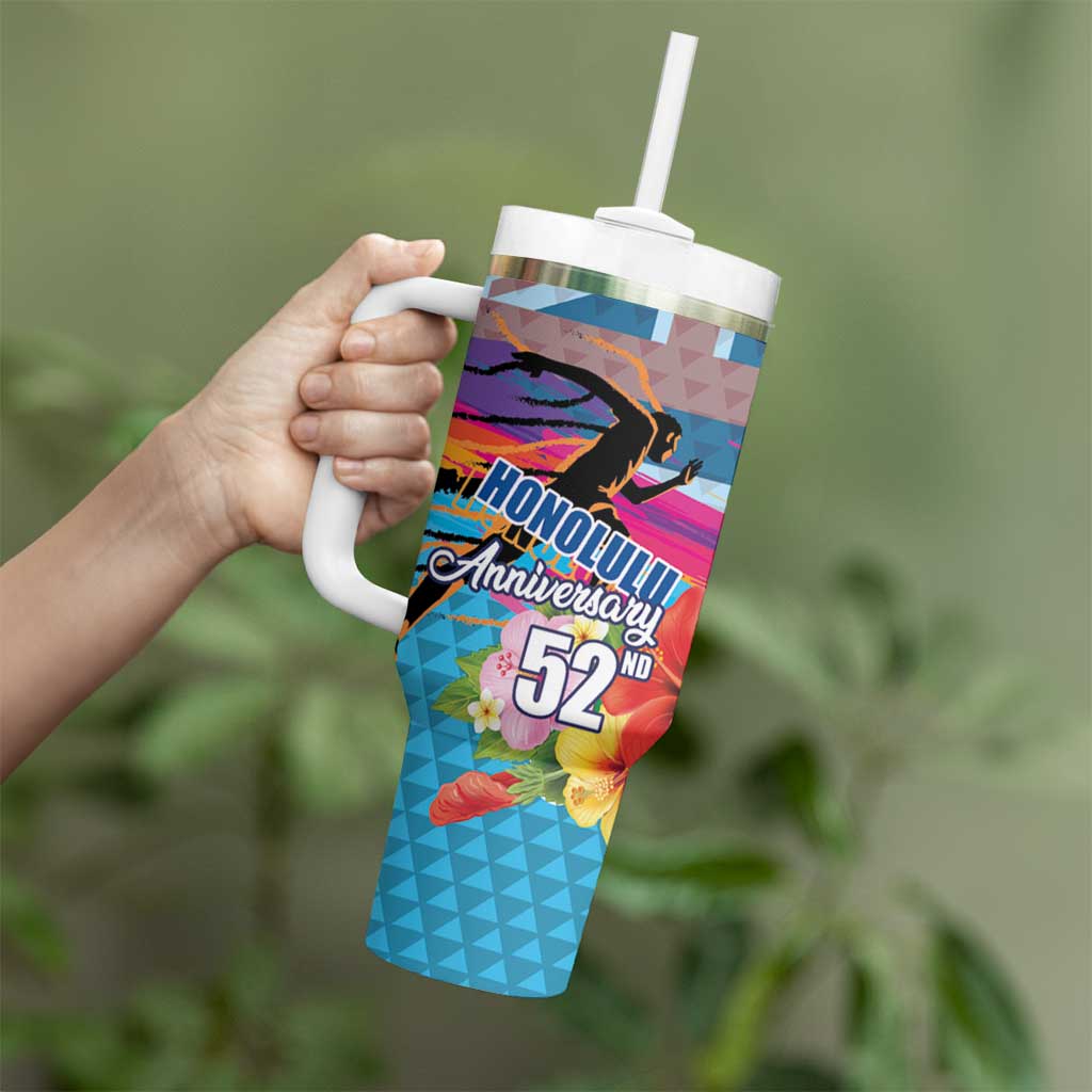 Honolulu Anniversary 52nd Running Tumbler With Handle Marathon Competition Kakau Pattern Blue Color LT03 - Polynesian Pride