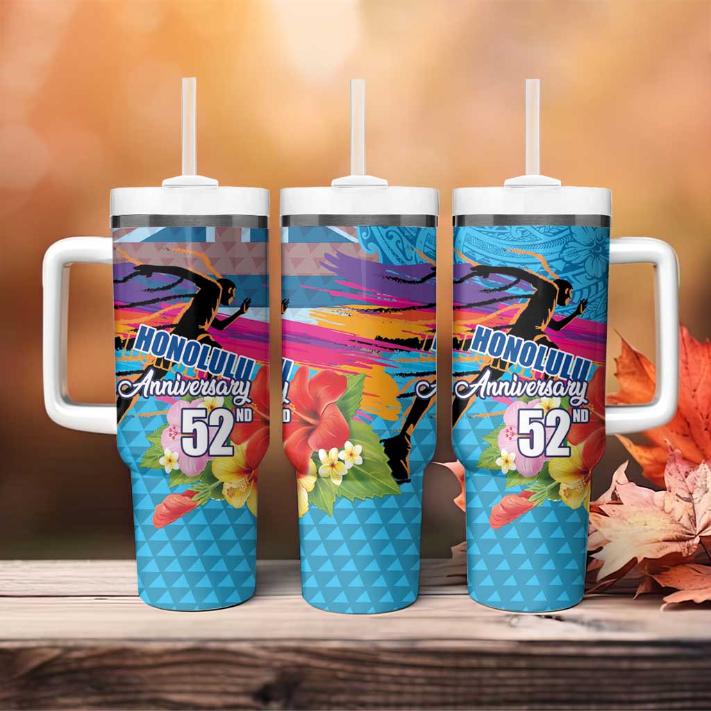 Honolulu Anniversary 52nd Running Tumbler With Handle Marathon Competition Kakau Pattern Blue Color LT03 - Polynesian Pride
