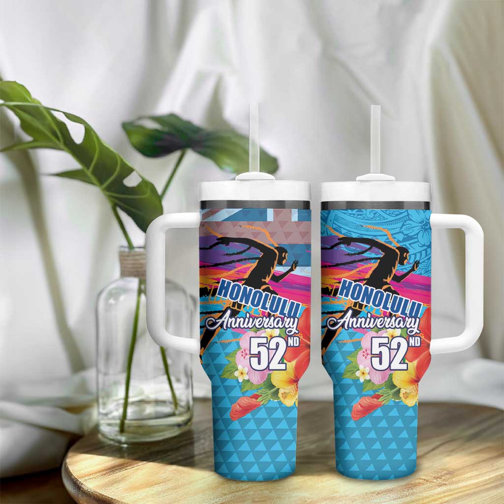 Honolulu Anniversary 52nd Running Tumbler With Handle Marathon Competition Kakau Pattern Blue Color LT03 - Polynesian Pride