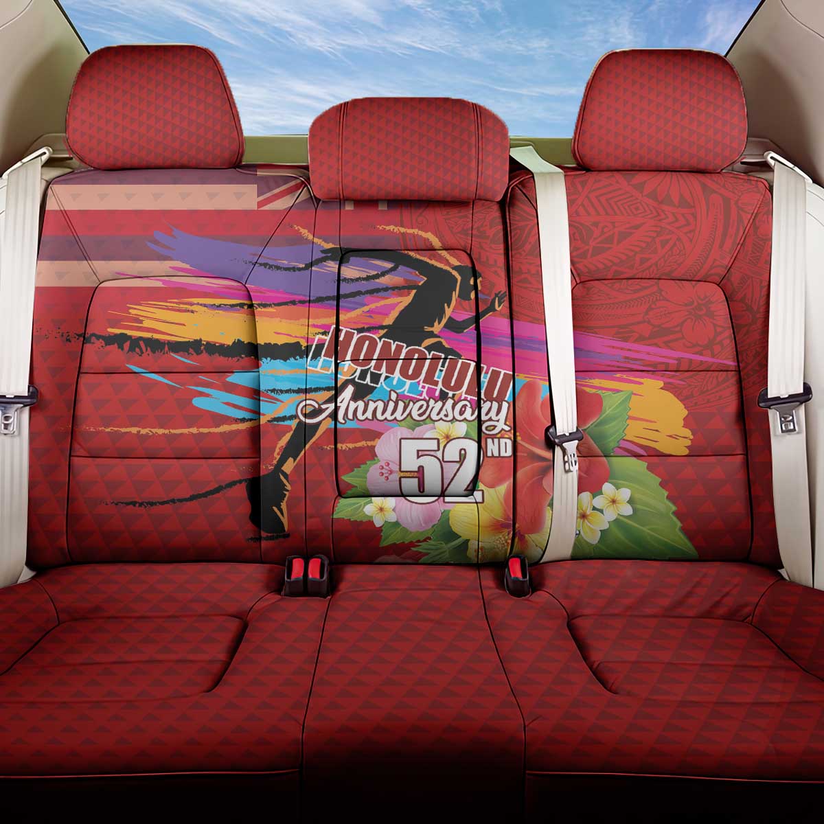 Honolulu Anniversary 52nd Running Back Car Seat Cover Marathon Competition Kakau Pattern Red Color LT03 One Size Red - Polynesian Pride