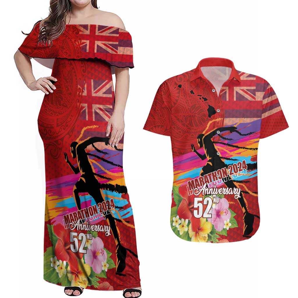 Honolulu Anniversary 52nd Running Couples Matching Off Shoulder Maxi Dress and Hawaiian Shirt Marathon Competition Kakau Pattern Red Color