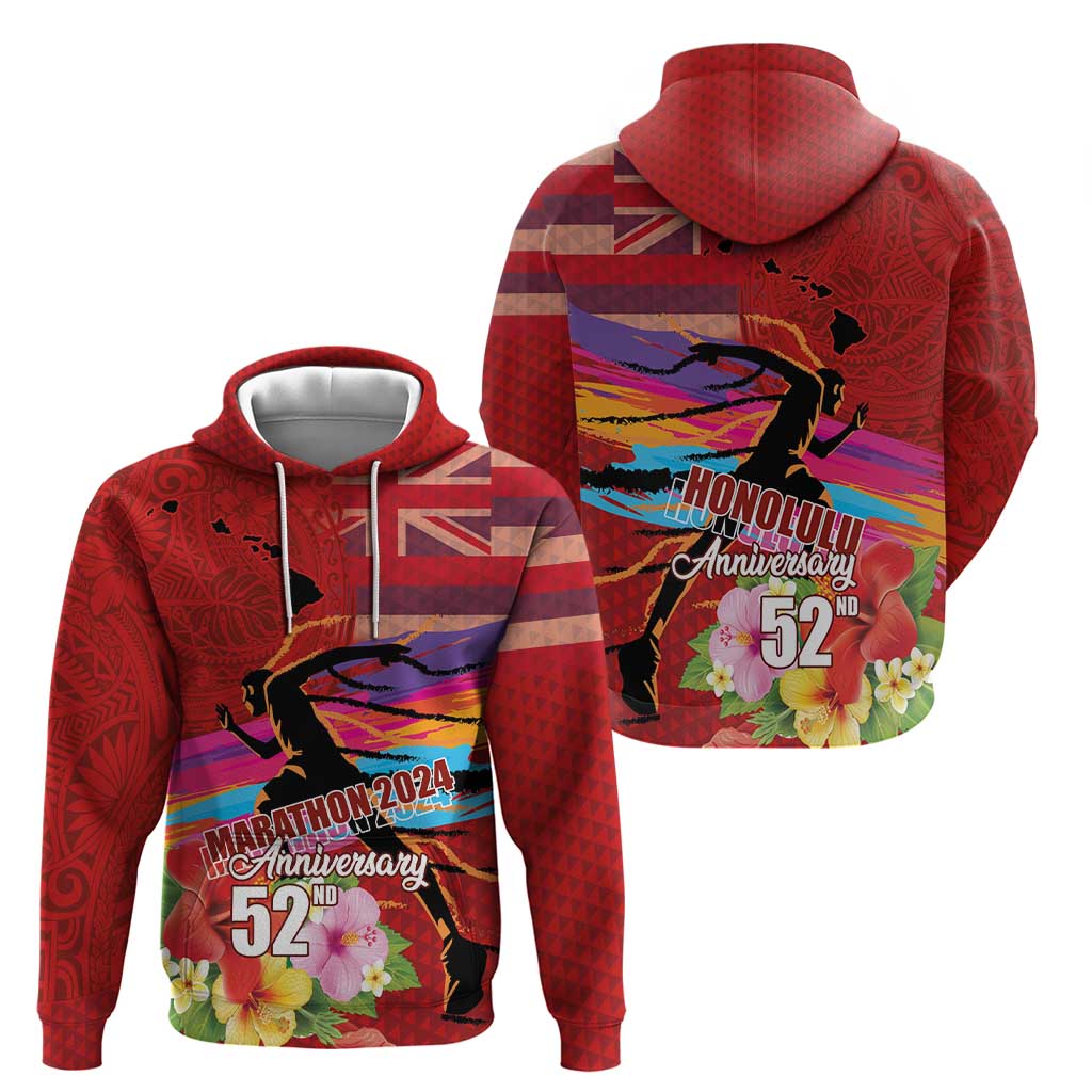 Honolulu Anniversary 52nd Running Hoodie Marathon Competition Kakau Pattern Red Color LT03 - Polynesian Pride