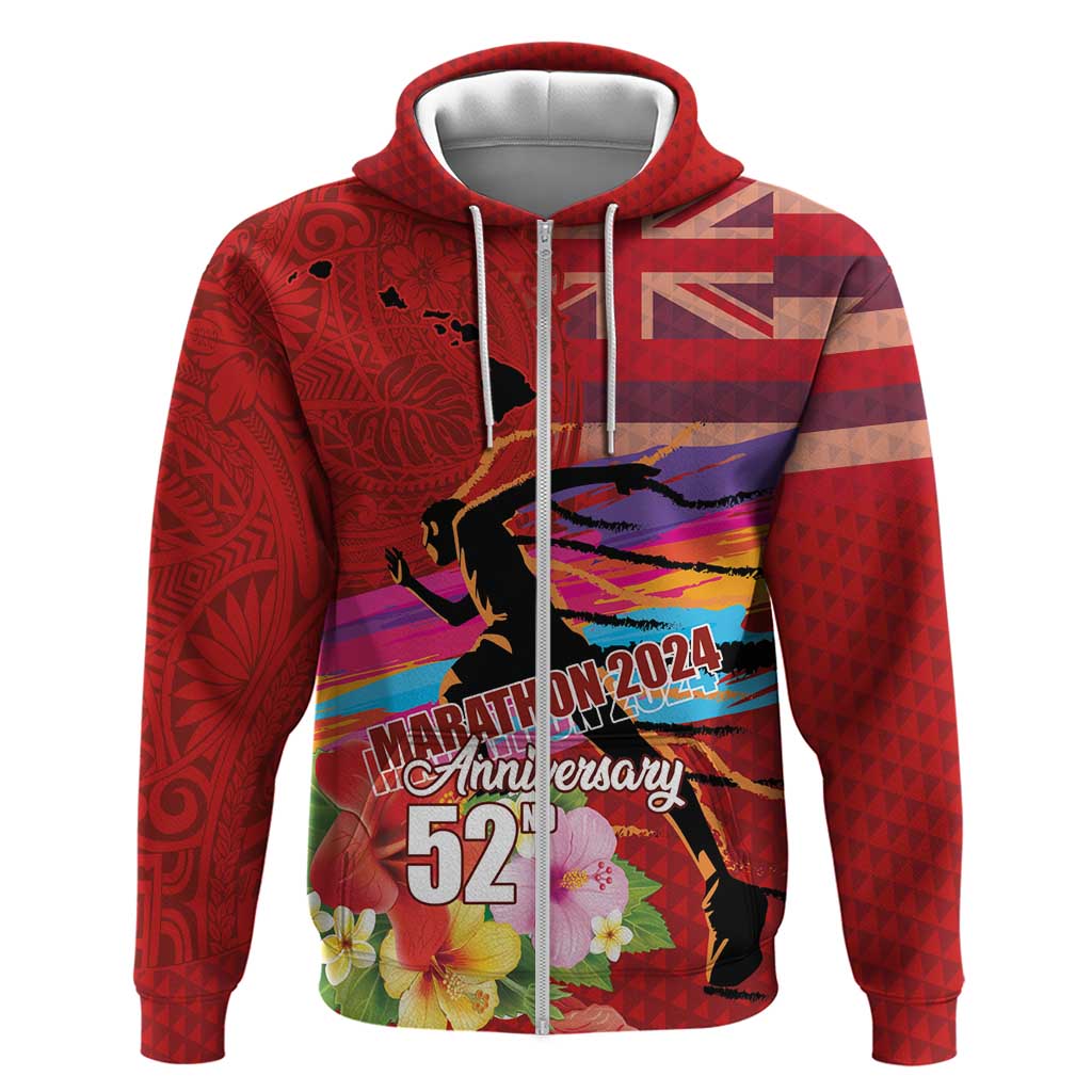 Honolulu Anniversary 52nd Running Hoodie Marathon Competition Kakau Pattern Red Color LT03 Zip Hoodie Red - Polynesian Pride