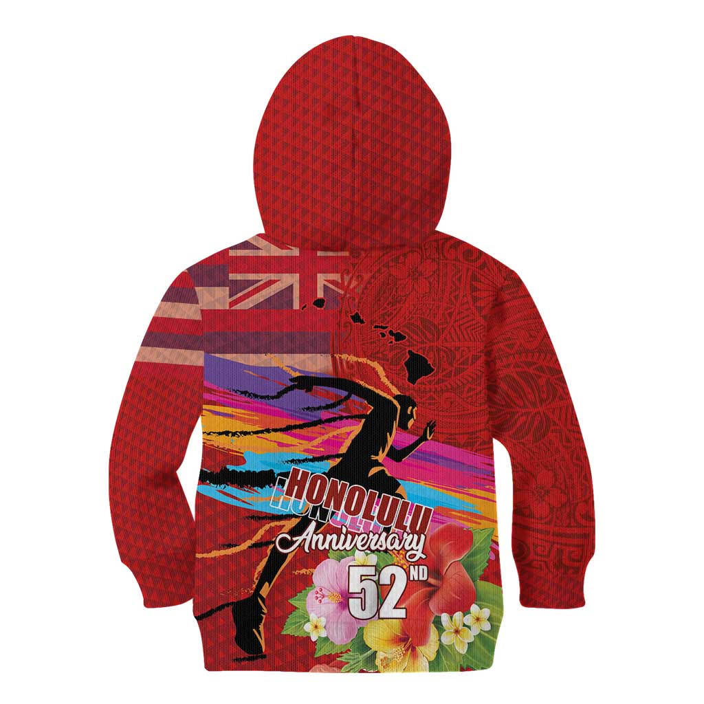 Honolulu Anniversary 52nd Running Kid Hoodie Marathon Competition Kakau Pattern Red Color LT03 - Polynesian Pride