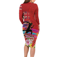 Honolulu Anniversary 52nd Running Long Sleeve Bodycon Dress Marathon Competition Kakau Pattern Red Color LT03 - Polynesian Pride