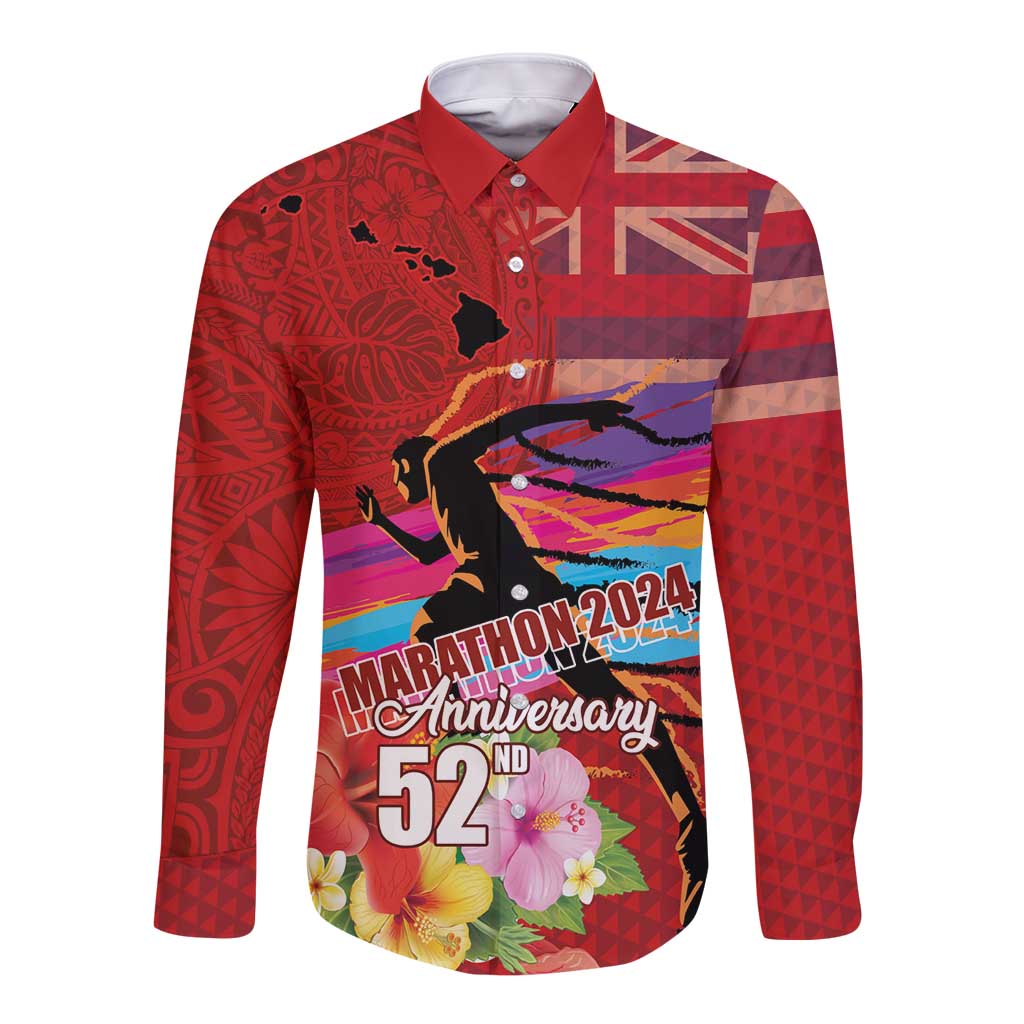 Honolulu Anniversary 52nd Running Long Sleeve Button Shirt Marathon Competition Kakau Pattern Red Color LT03 Unisex Red - Polynesian Pride