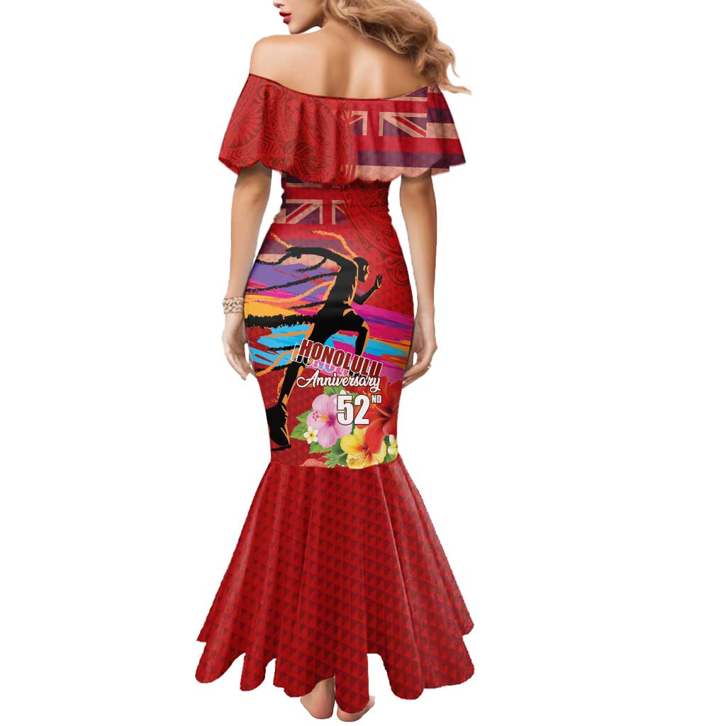 Honolulu Anniversary 52nd Running Mermaid Dress Marathon Competition Kakau Pattern Red Color LT03 - Polynesian Pride