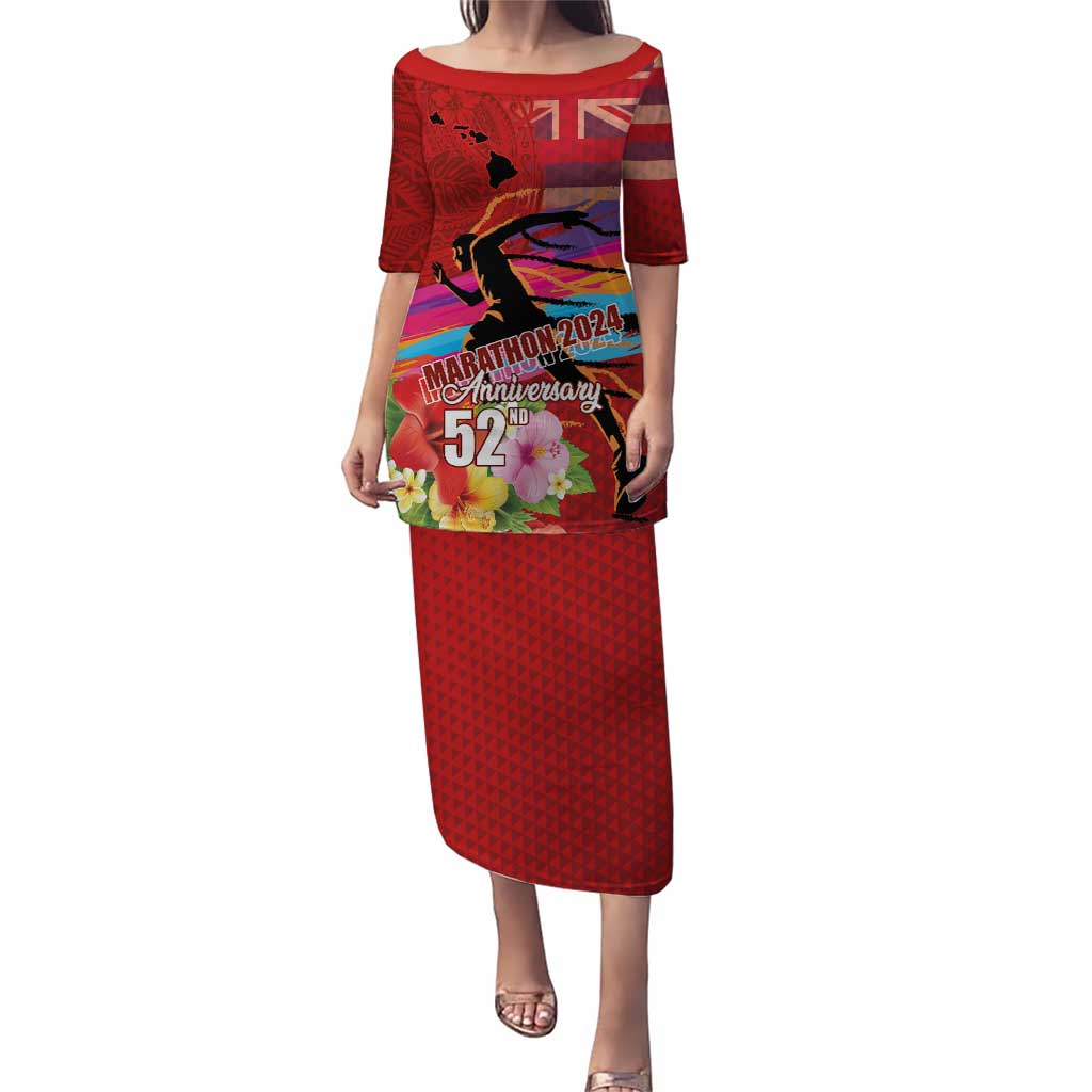 Honolulu Anniversary 52nd Running Puletasi Marathon Competition Kakau Pattern Red Color LT03 Long Dress Red - Polynesian Pride