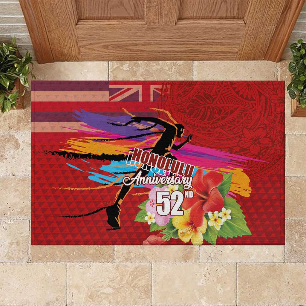 Honolulu Anniversary 52nd Running Rubber Doormat Marathon Competition Kakau Pattern Red Color LT03 Red - Polynesian Pride