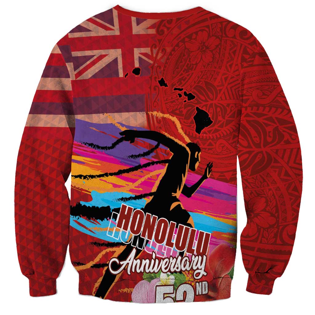 Honolulu Anniversary 52nd Running Sweatshirt Marathon Competition Kakau Pattern Red Color LT03 - Polynesian Pride