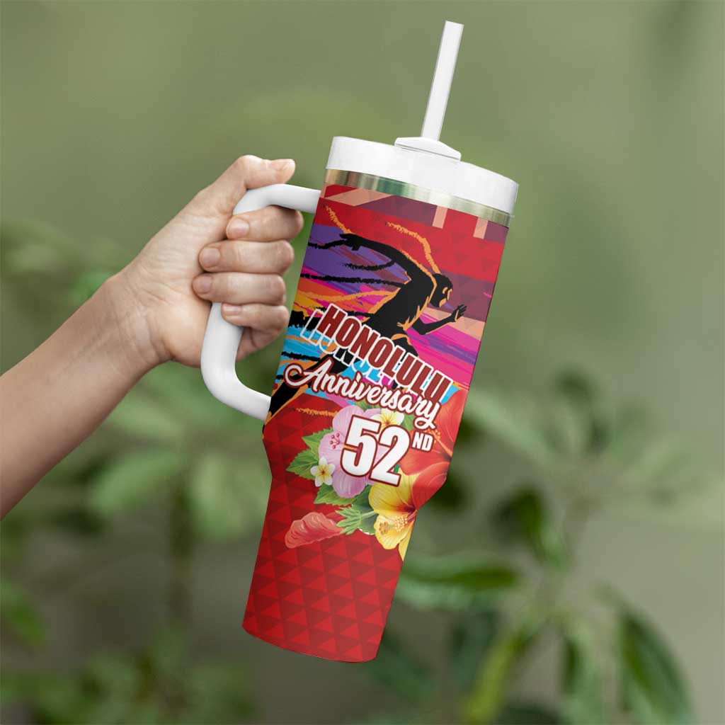 Honolulu Anniversary 52nd Running Tumbler With Handle Marathon Competition Kakau Pattern Red Color LT03 - Polynesian Pride