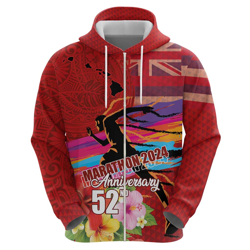Honolulu Anniversary 52nd Running Zip Hoodie Marathon Competition Kakau Pattern Red Color LT03 - Polynesian Pride