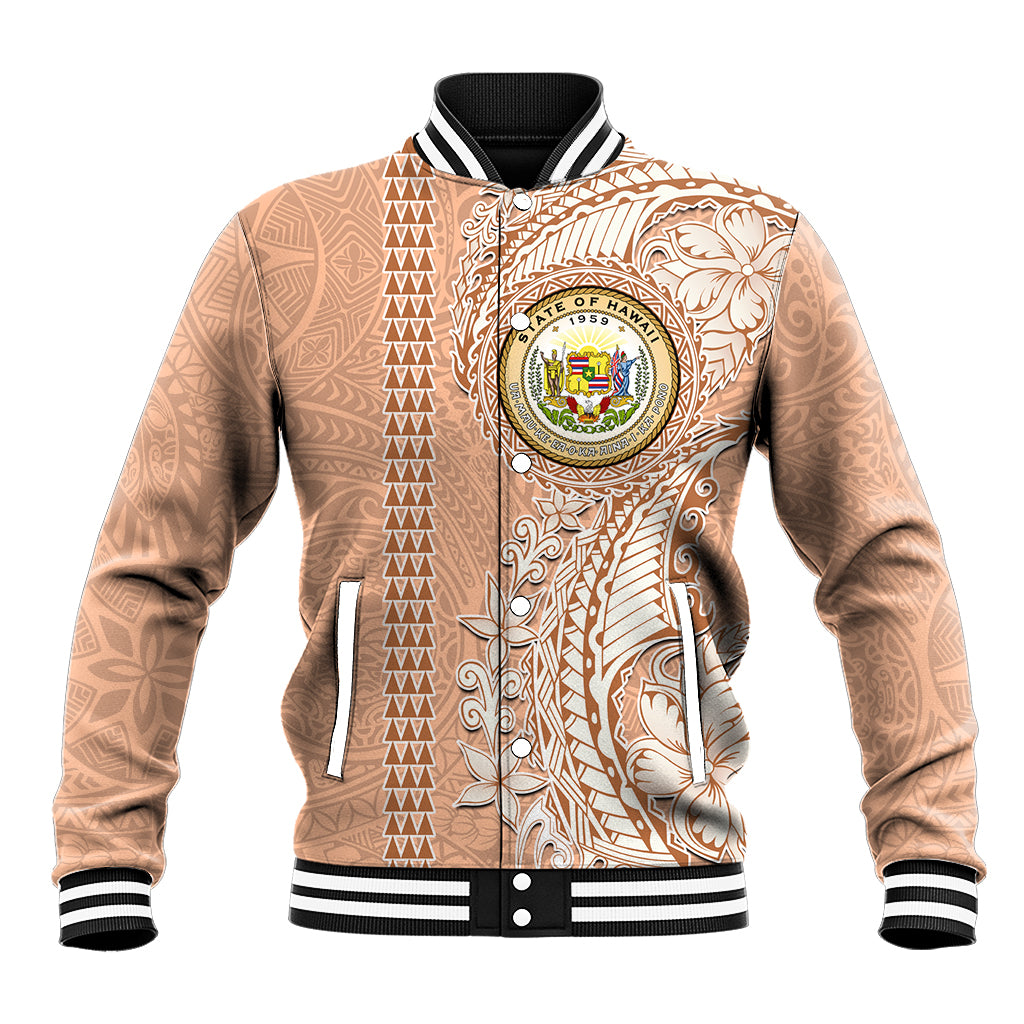 Hawaii Tropical Flowers with Kakau Tribal Baseball Jacket Peach Fuzz Color LT03 Unisex Peach Fuzz - Polynesian Pride