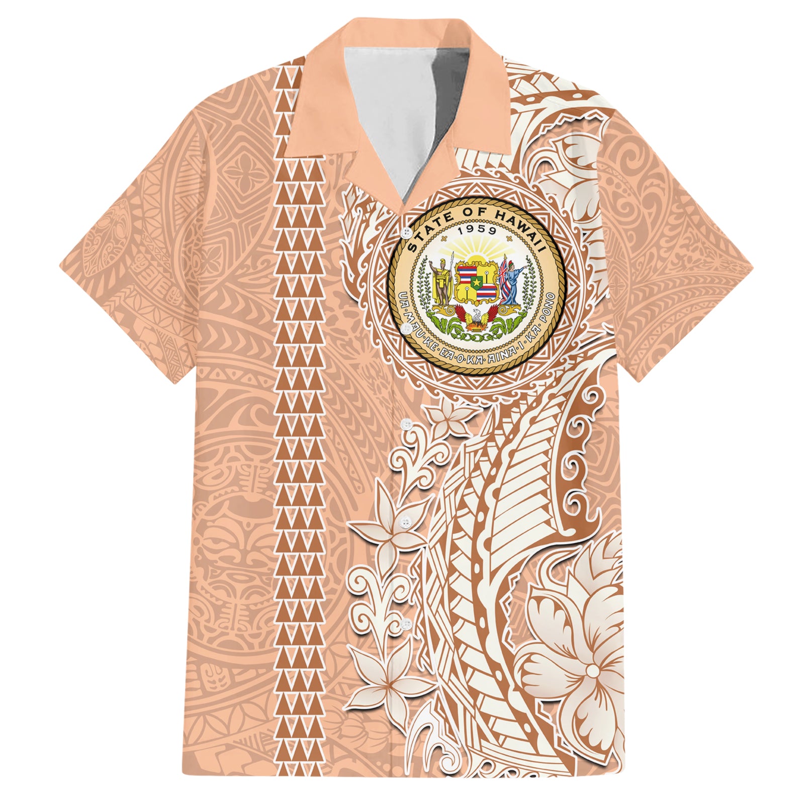 Hawaii Tropical Flowers with Kakau Tribal Hawaiian Shirt Peach Fuzz Color LT03 Peach Fuzz - Polynesian Pride