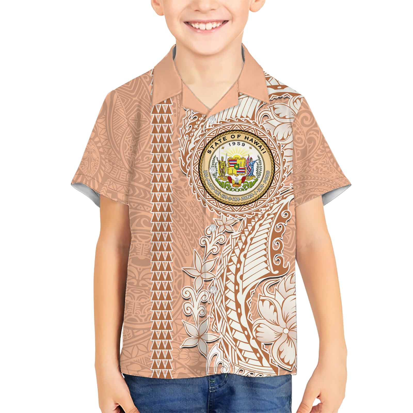 Hawaii Tropical Flowers with Kakau Tribal Kid Hawaiian Shirt Peach Fuzz Color LT03 Kid Peach Fuzz - Polynesian Pride
