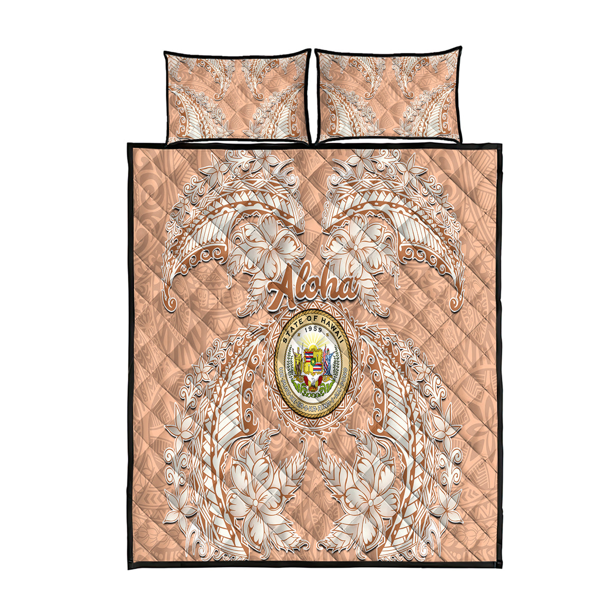 Hawaii Tropical Flowers with Kakau Tribal Quilt Bed Set Peach Fuzz Color LT03 Peach Fuzz - Polynesian Pride