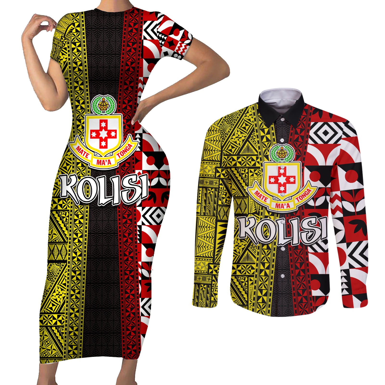 Tonga Kolisi Tonga Couples Matching Short Sleeve Bodycon Dress and Long Sleeve Button Shirt Ngatu and Geometric Pattern LT03 Red - Polynesian Pride