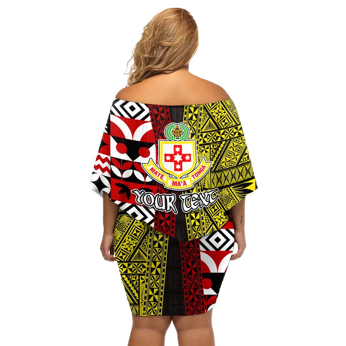 Tonga Kolisi Tonga Off Shoulder Short Dress Ngatu and Geometric Pattern LT03 - Polynesian Pride