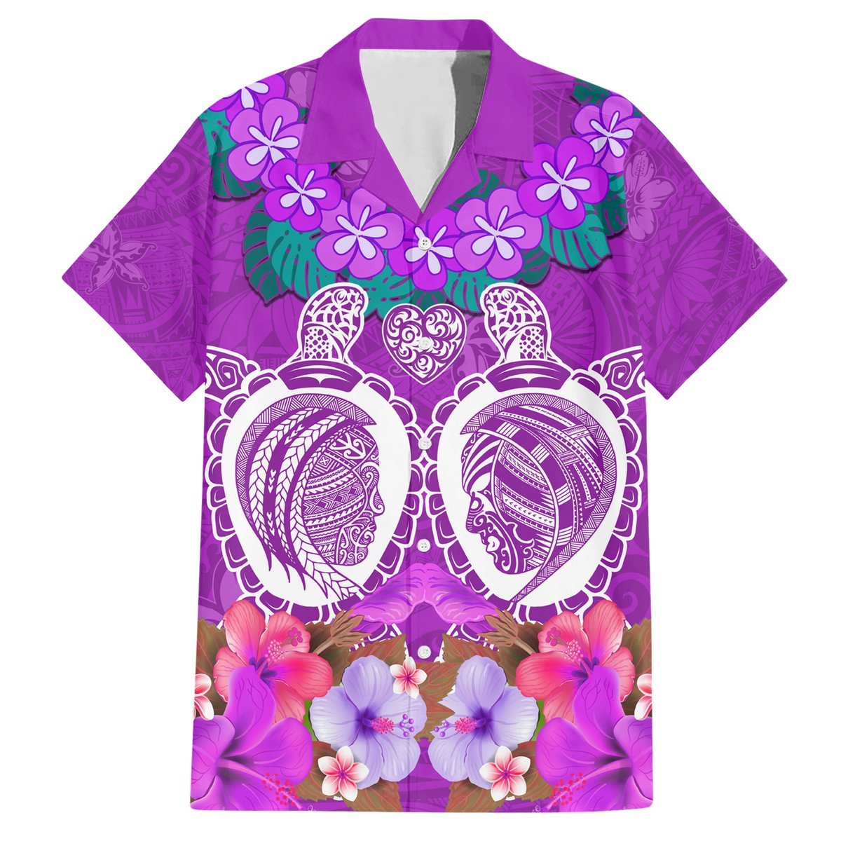 Polynesian Valentine Day Hawaiian Shirt Love Couple Turtle Maori Hibiscus Purple LT03 Purple - Polynesian Pride