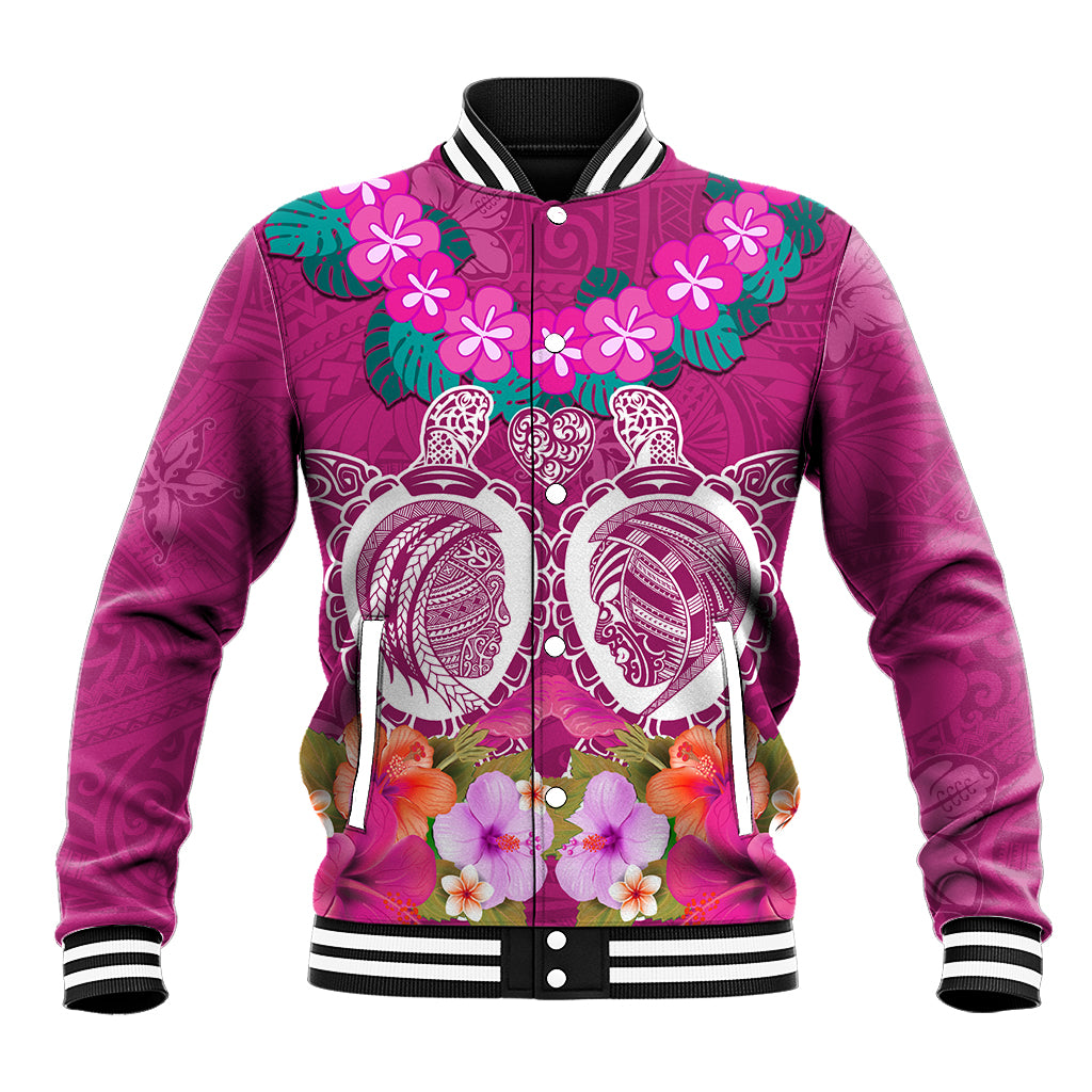 Polynesian Valentine Day Baseball Jacket Love Couple Turtle Maori Hibiscus Pink LT03 Unisex Pink - Polynesian Pride