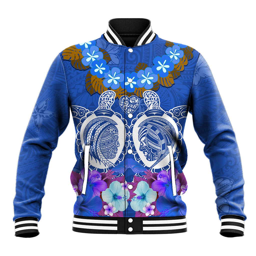 Polynesian Valentine Day Baseball Jacket Love Couple Turtle Maori Hibiscus Blue LT03 Unisex Blue - Polynesian Pride
