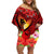 Hawaii Valentine Day Family Matching Off Shoulder Short Dress and Hawaiian Shirt Couple on Beach mix Hibiscus and Polynesian Tattoo LT03 Mom's Dress Red - Polynesian Pride